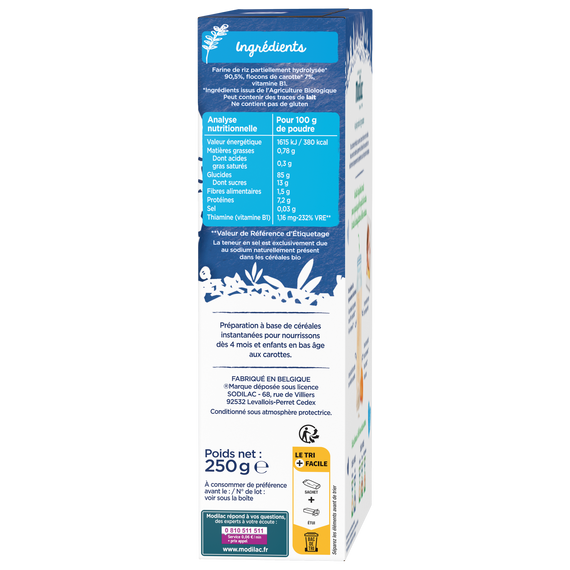 Modilac Céréales Bio Riz Carottes 250G